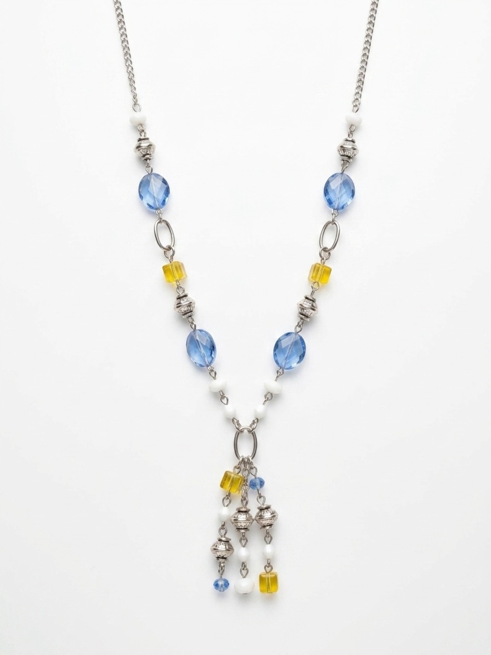 Silver-Tone Blue and Yellow Beaded Tassel Necklace Excellent Condition